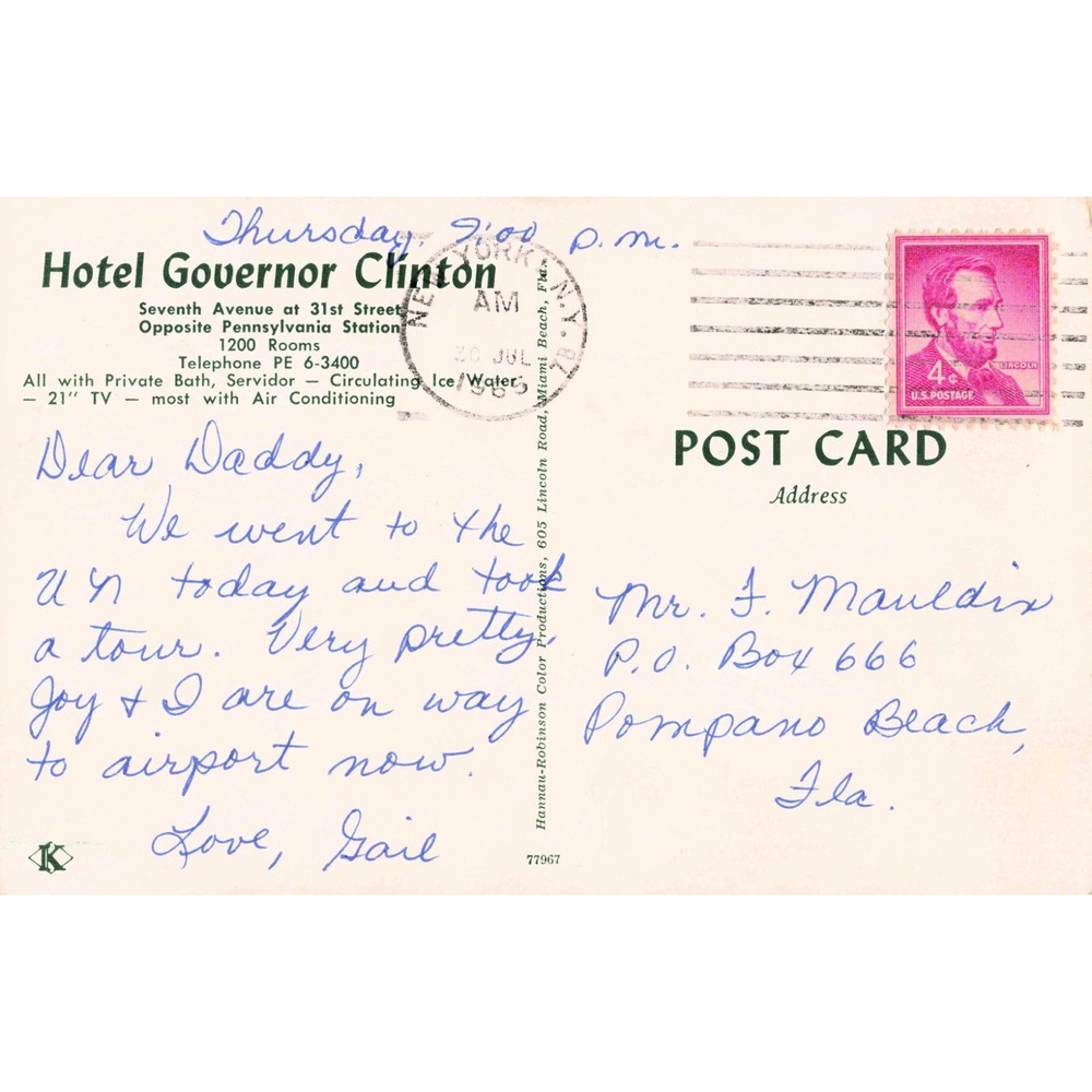 Vintage 1963 Hotel Governor Clinton New York City Postcard 7th Ave 31st St VG - Picture 2 of 2